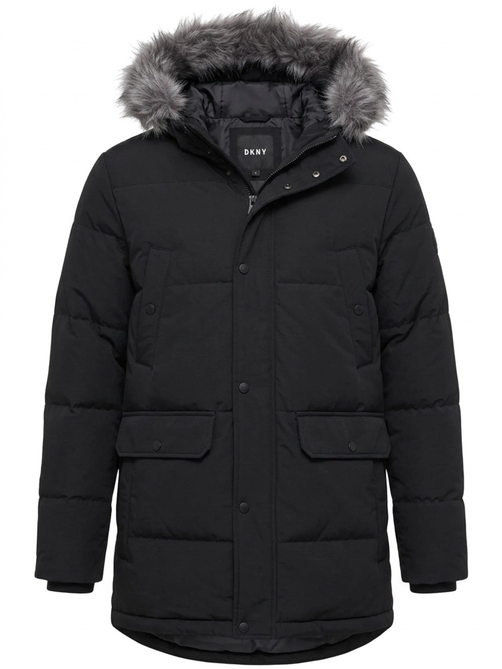 DKNY Men's Black Hooded Puffer with Faux-Fur Trimmed Hood